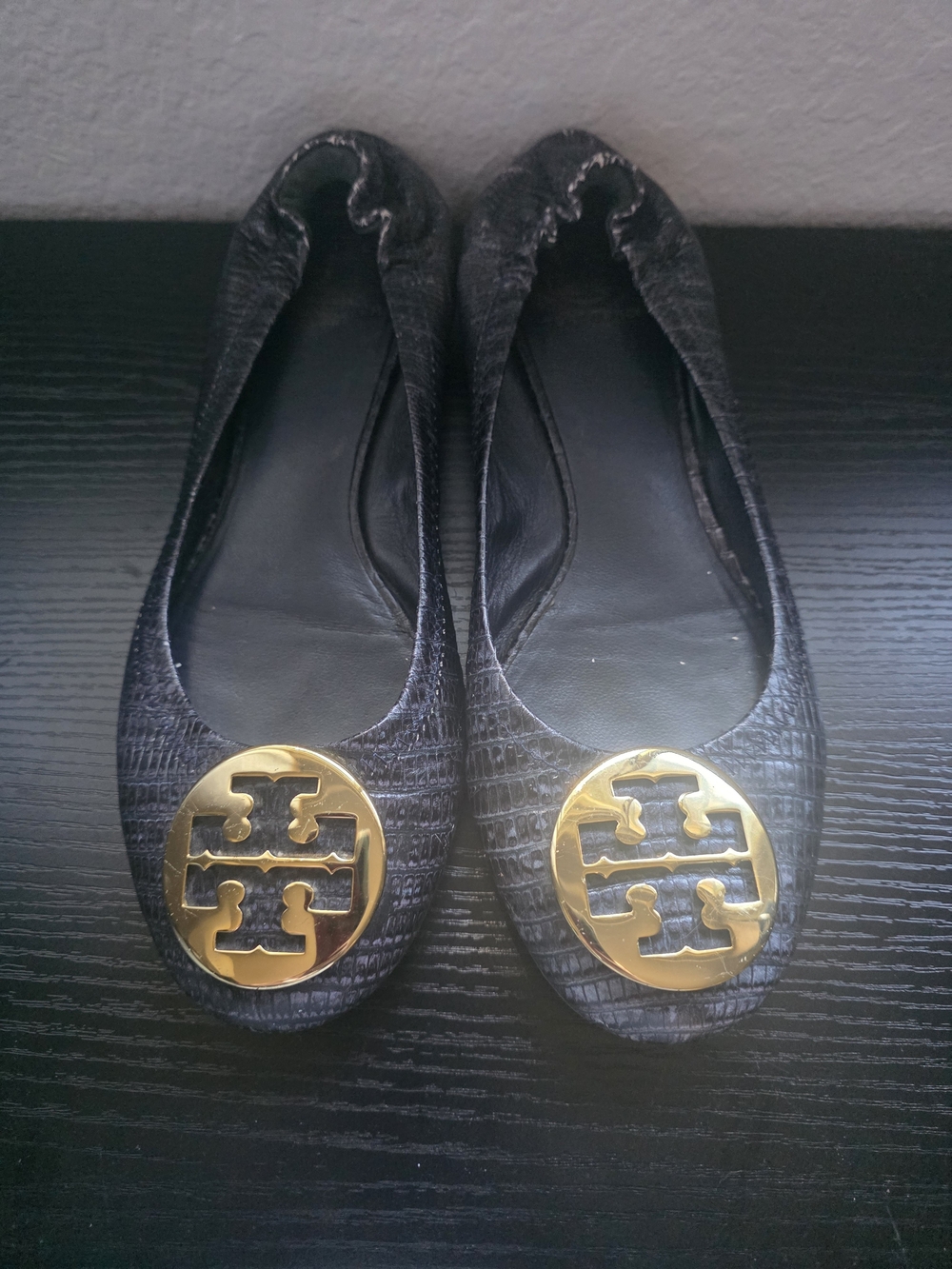 Tory Burch Snake Print Reva Ballet Flats with Gold Emblem - Navy